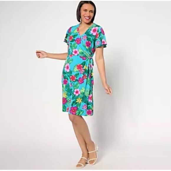 Susan Graver QVC Size L Liquid Knit Faux Wrap Dress in Green Tropical - Picture 1 of 10